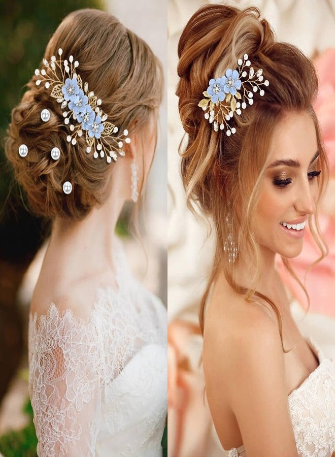 Dizila 20 Pieces Bridal Wedding Party Prom Rhinestone Pearl Light Blue Flower Hair Side Combs Slides+U-shaped Flower Hair Pins+Twist Spiral Pearl Hair Pins Headpieces for Brides Bridesmaids Women Girl - Image 2